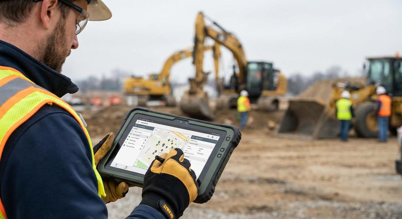 Profesional con tablet en obra de construcción